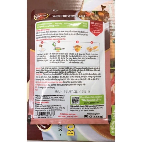 Xốt Gia Vị Hoàn Chỉnh Barona - Bò Kho 80g