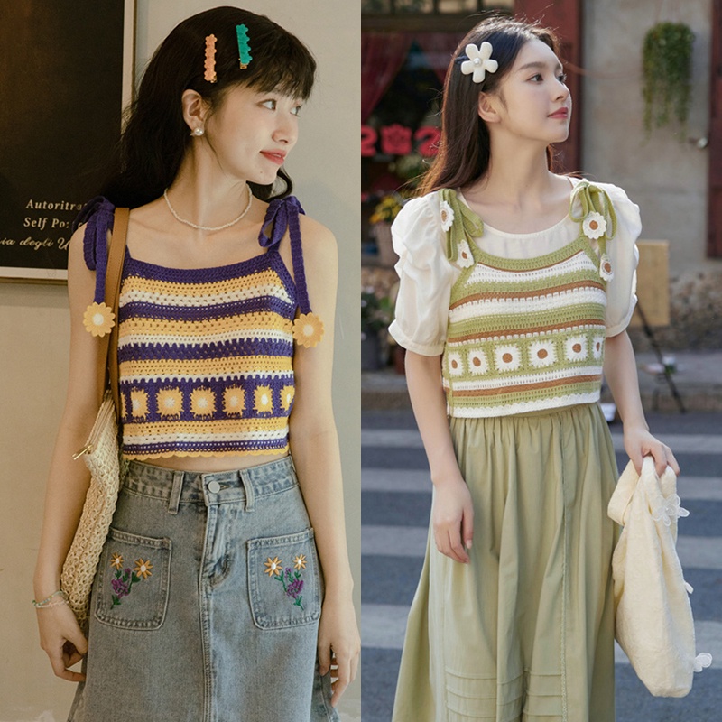 Áo Croptop Dệt Kim Không Tay In Hoa Cúc Màu Sắc Tương Phản Thời Trang Mùa Hè Cho Nữ