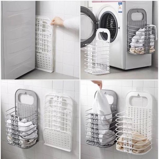 Giỏ Nhựa Đựng Quần Áo Và Đồ Dùng Sinh Hoạt Treo Tường Có Thể Gấp  + Tặng Kèm Móc Dán Tường 3D Siêu Kute