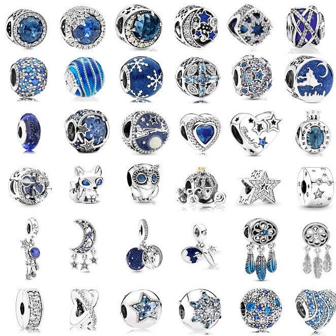 PANDORA Vòng Tay Bạc 925 Xỏ Hạt Mắt Mèo Màu Xanh Dương Tráng Men Hình Trái Tim Đại Dương Cho Nữ