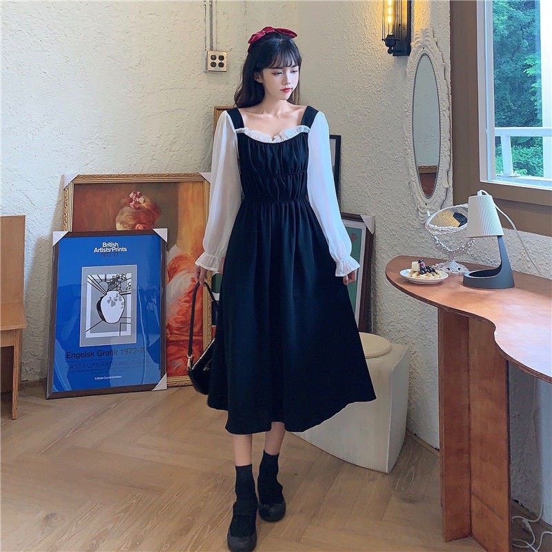 Ảnh thật váy nhung bánh bèo tay bồng cổ vuông dáng dài