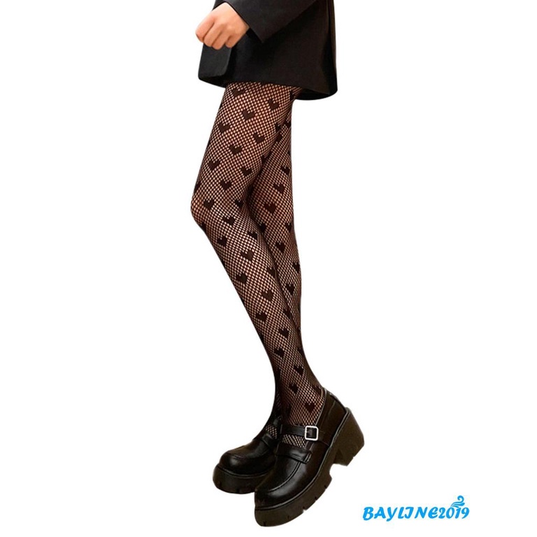 Quần tất lưới rỗng co giãn cao ôm dáng màu đen thiết kế khoét rỗng in hình trái tim cho nữ