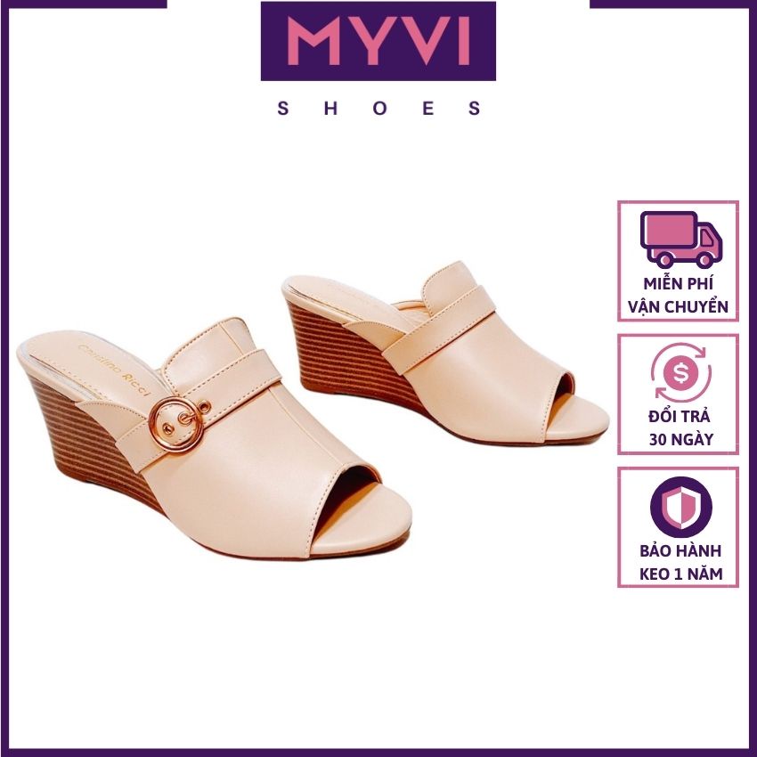 Giày Đế Xuồng Cao 7cm Nữ Trung Niên, Quai Ngang, Đính Khóa Tròn Thời Trang (Đen - Kem) - MyVi Shoes