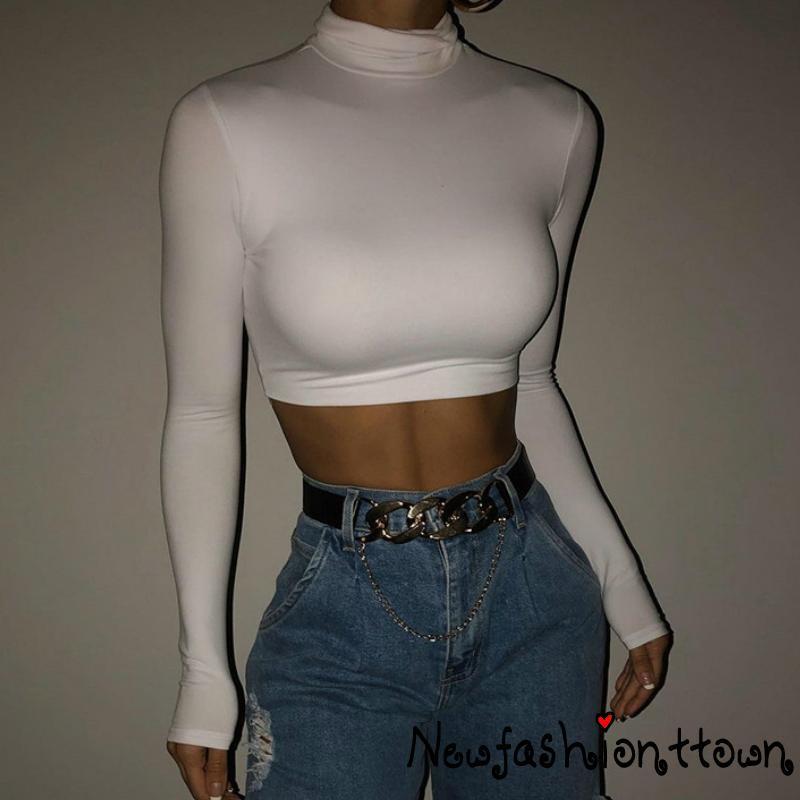 Áo Croptop Tay Dài Cổ Cao Màu Sắc Đơn Giản Cho Nữ
