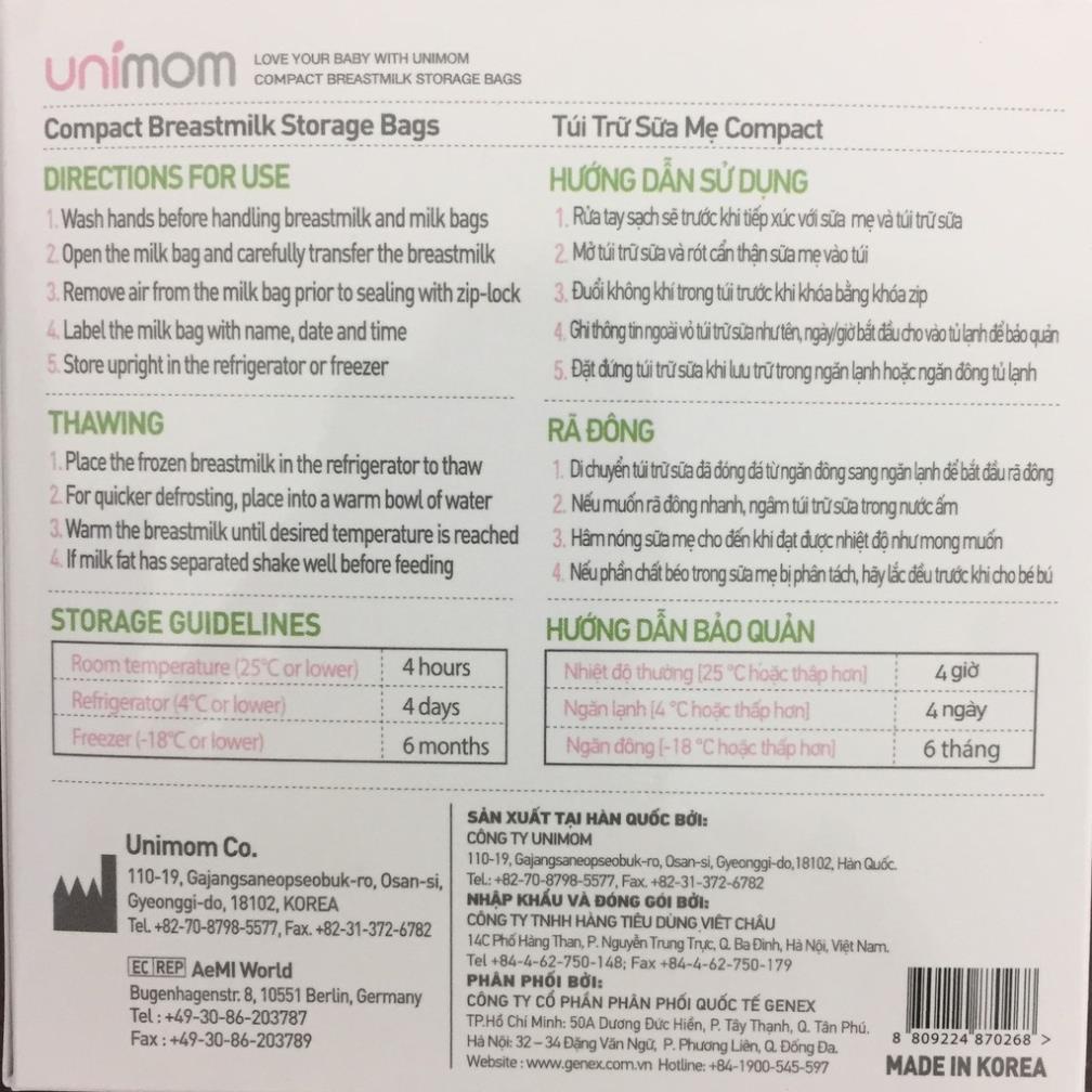 Túi trữ sữa Unimom Compact hộp 10 túi