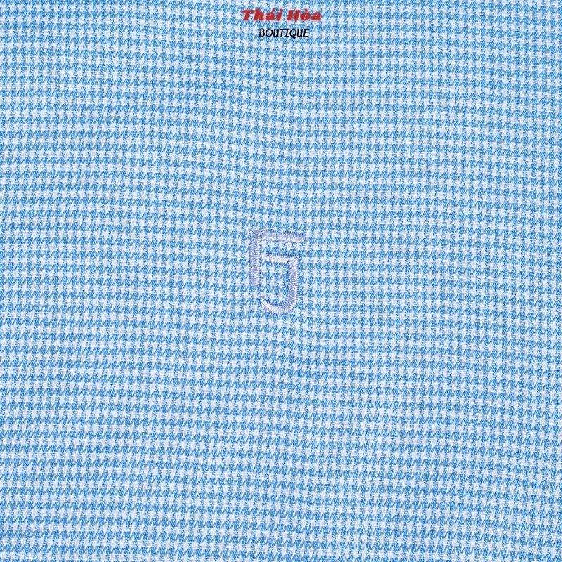 Áo sơ mi nữ công sở ngắn tay đẹp kiểu kẻ caro xanh dương đậm cotton Thái Hoà N65-15-01