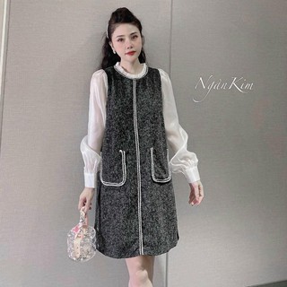 váy suông dài tay phối trắng 2 túi hộp 2 màu xinh xắn