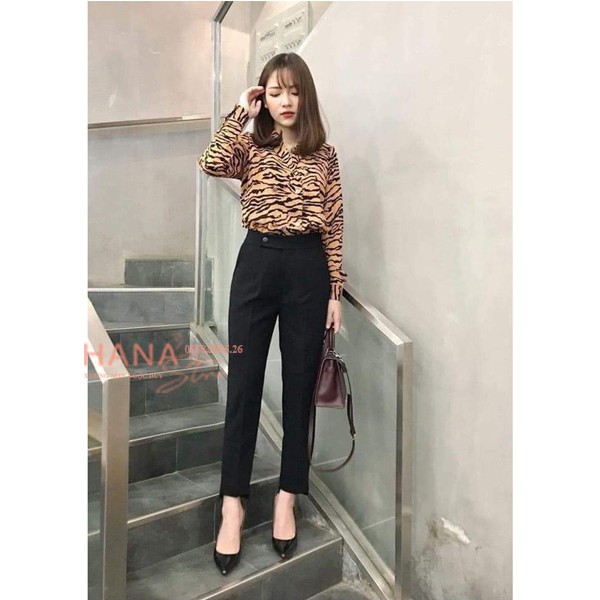 Quần baggy công sở gấu ống lệch dáng dài màu Đen vải dày mịn - Kiểu quần tây ống đứng cúc lệch phối áo sơ mi mặc đi học