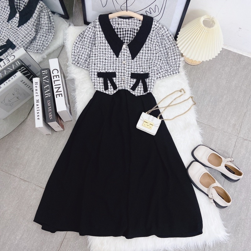 SET ÁO DẠ CARO CỔ VIỀN ĐEN THẮT NƠ TÚI + CHÂN VÁY MIDI ĐEN