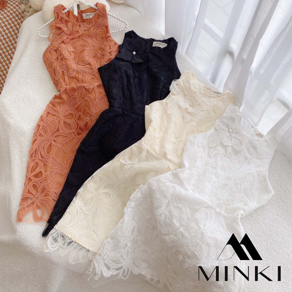 ĐẦM REN SÁT NÁCH KÈM HOA 4 MÀU - CHẤT REN CAO CẤP - MÀU CAM /  TRẮNG / ĐEN / NUDE