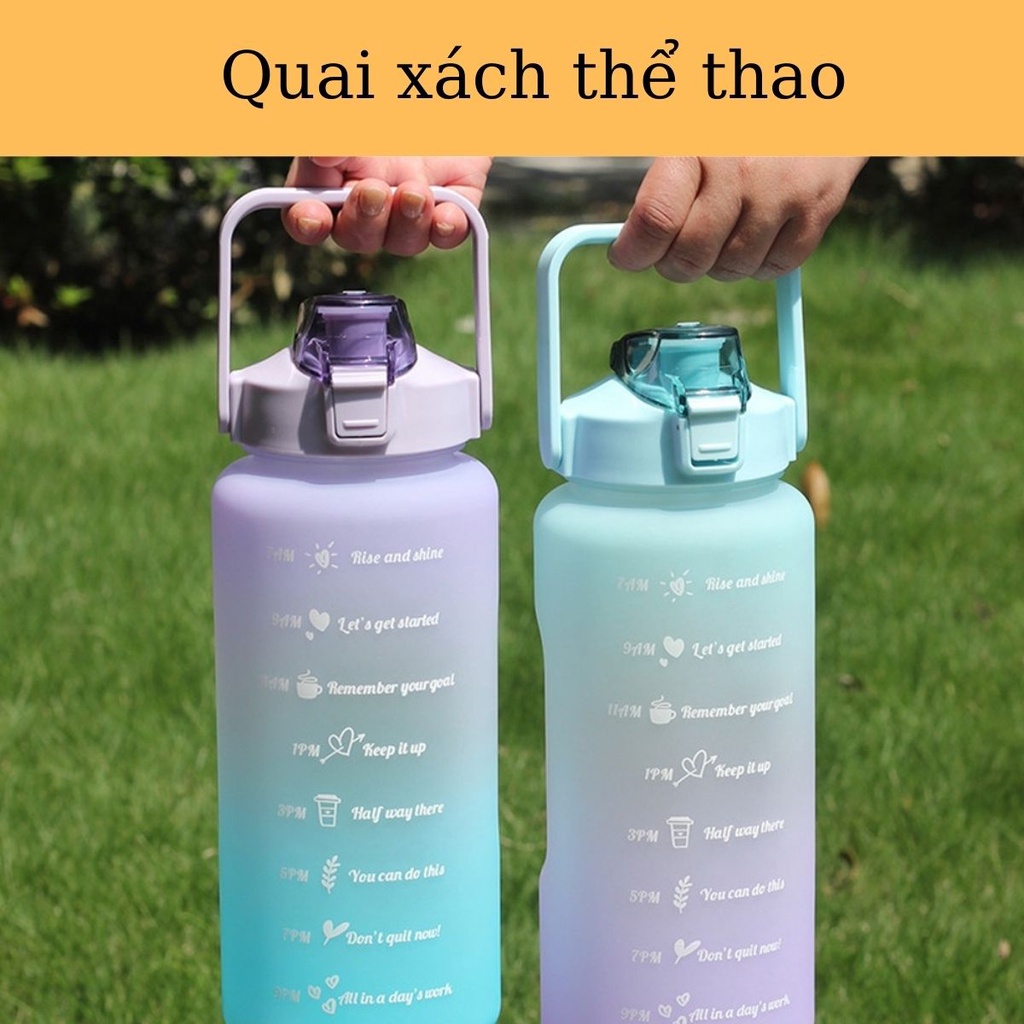 Bình Nước Chia Vạch Giờ Nhắc Uống Nước Dung Tích 2 Lít Có Ống Hút Nắm Chống Tràn