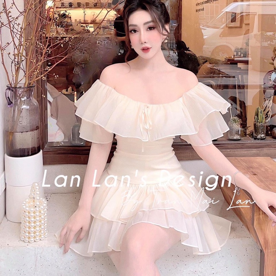 1Váy Tơ Trễ Vai Bèo Nhún Hai Lớp -Đầm Peplum Tiểu Thư