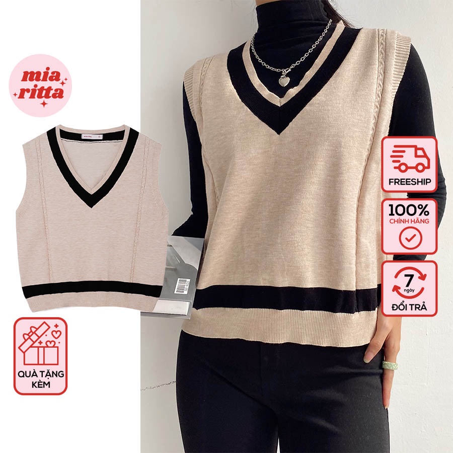 Áo gile len nâu nhạt cổ V viền đen Mia Ritta A3007