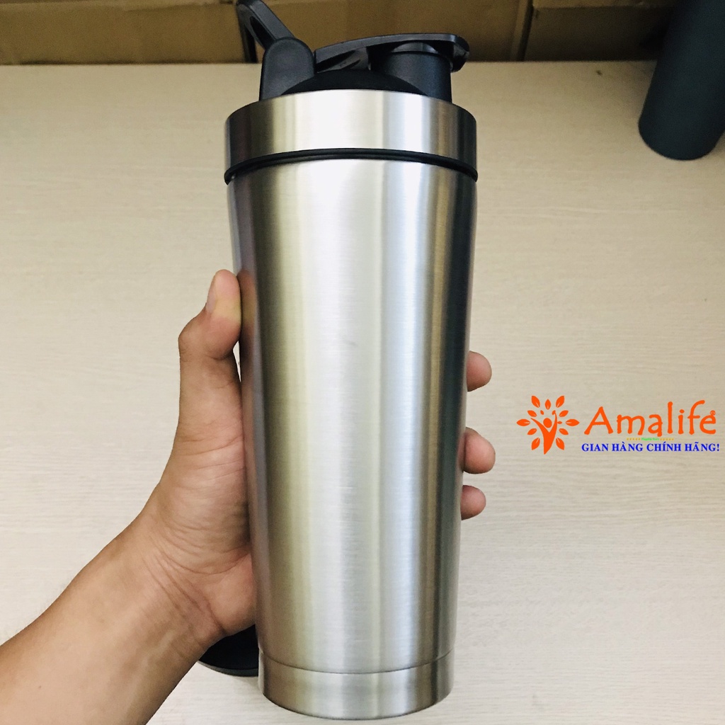 [Màu Bạc] Bình Lắc Shaker Đựng Nước Inox 800ml – Màu Bạc – Tập Gym Thể Thao Chính Hãng Amalife – Kèm Bóng Lò Xo Lắc