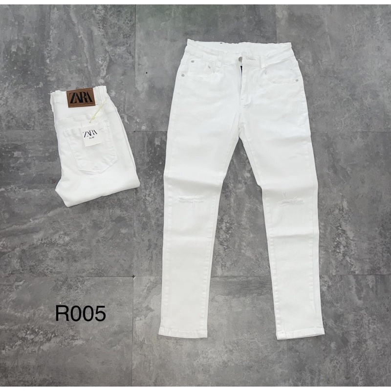 Quần Jean Trắng Trơn Nam Rách Gối Dáng Slim Fit Đơn Giản