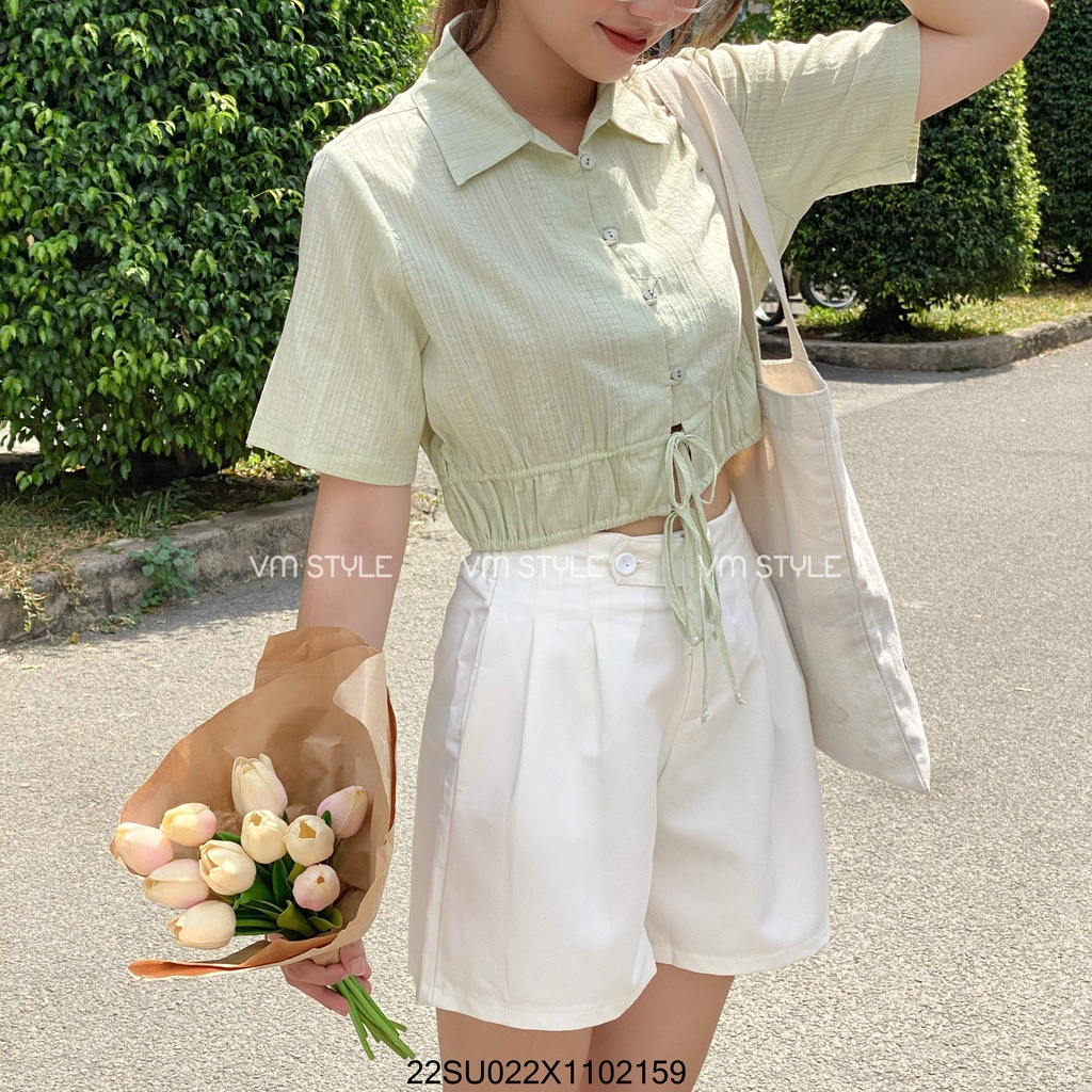 Áo sơ mi tay ngắn VM STYLE eo rút 2 nơ crop, áo kiểu nữ thời trang ulzzang Hàn Quốc 22SU022X1102
