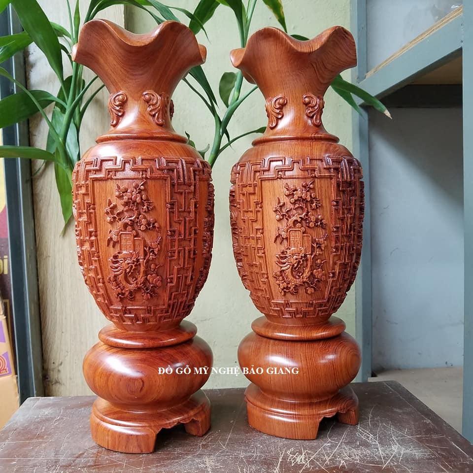 Cặp lộc bình gỗ hương cặp lục bình gỗ hương khắc tứ quý cao 40 cm