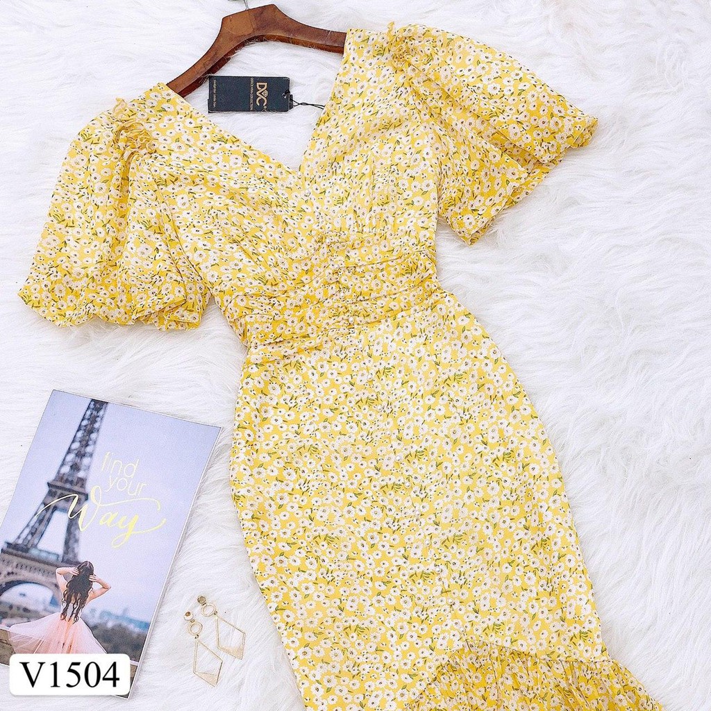 [BÁN LỖ VỐN - HÀNG SALE KHÔNG ĐỔI TRẢ]Đầm hoa vàng đuôi cá cổ tim nhúm eo phù hợp đi biển đi chơi V1504_Zin Boutique | BigBuy360 - bigbuy360.vn