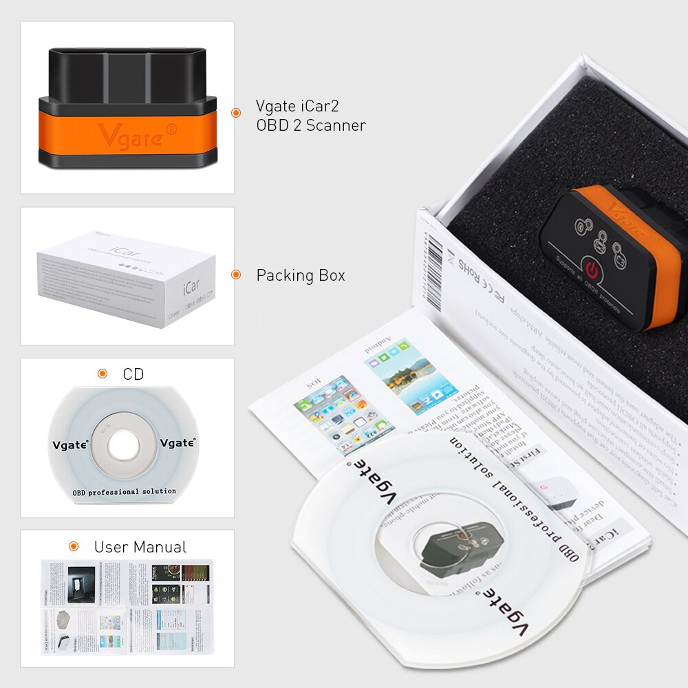 Thiết Bị Quét Chuẩn Đoán Lỗi Ô Tô Vgate Icar2 Bluetooth / Wifi Elm327 Obd2 Cho Android / Ios / Pc Icar 2 Elm 327