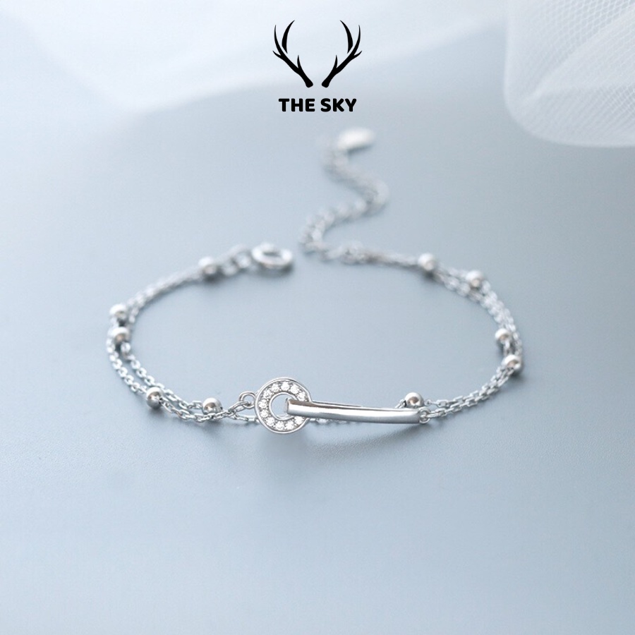 Vòng Tay Bạc Nữ THE SKY VT1023 Hai Dây Sợi Mảnh Kèm Mặt Tròn Đính Đá Điểm Hạt Bạc