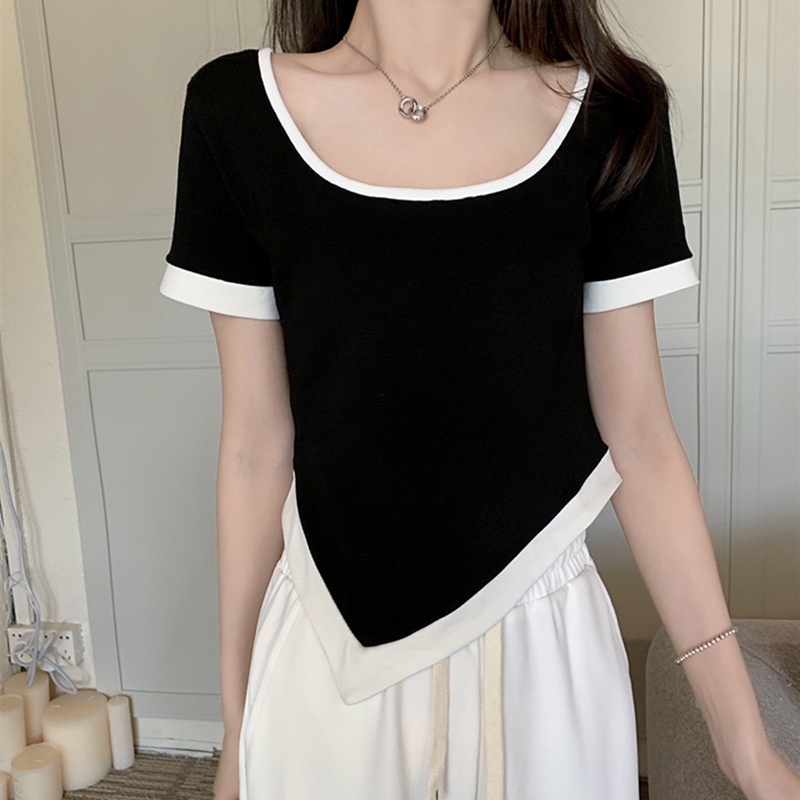 Áo thun SUXI ngắn tay cổ tròn màu tương phản thời trang mùa hè cho nữ