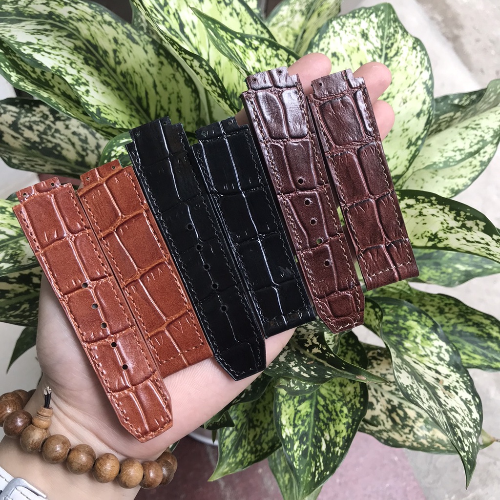 Dây đồng hồ Hublot nam, cao cấp thủ công da bò dập vân cá sấu size19 x 25 x 22mm