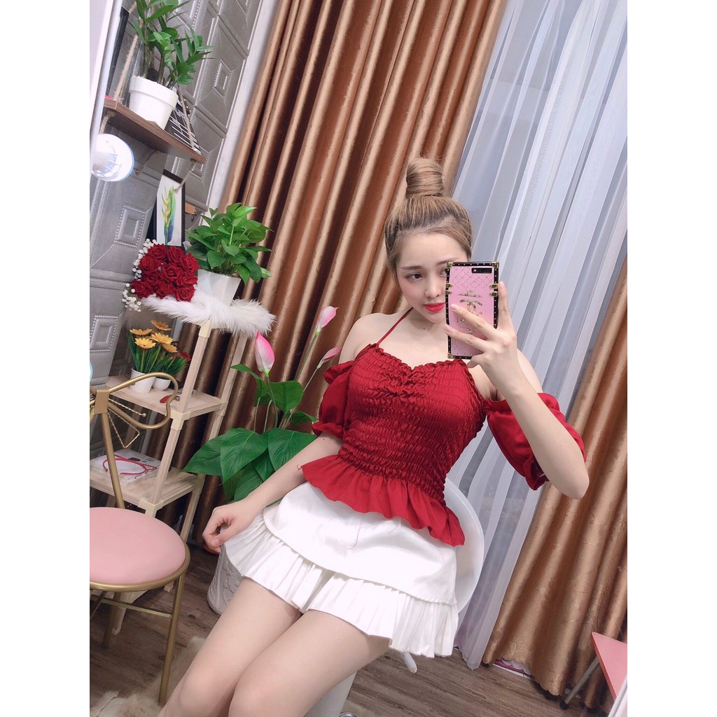 Áo Croptop Kiểu Voan Nhún, Áo Kiểu Croptop Tay Ngắn, Có Cổ Unisex Oversize, Thoáng Mát, Trẻ Trung, Siêu Hot, COCA SHOP.