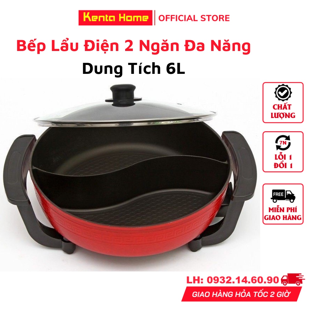 Nồi lẩu điện 2 ngăn đa năng hàng nhập khẩu, nồi lẩu uyên ương dung tích 6L chống dính sôi nhanh siêu tiện dụng, BH 6T