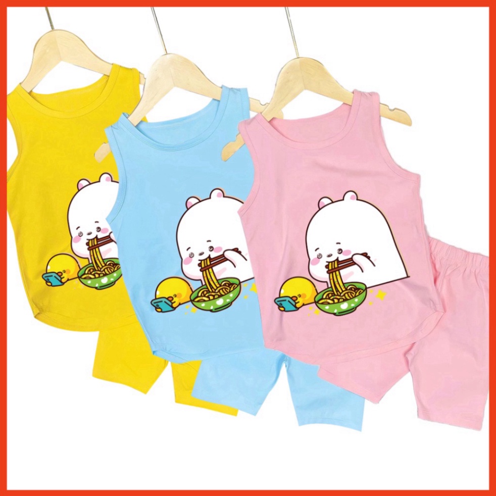 ( Km ) ( Khuyến mãi ) Bộ đồ bé gái sát nách hình thỏ ăn mì và vịt vàng cho bé gái từ 6kg đên 29kg.DBBG57.