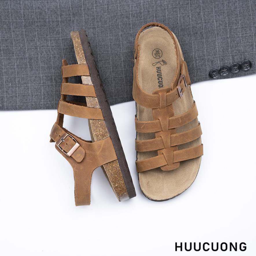 Giày Sandal Unisex Chiến Binh HUUCUONG Quai Da Thật Màu Nâu Đế Trấu