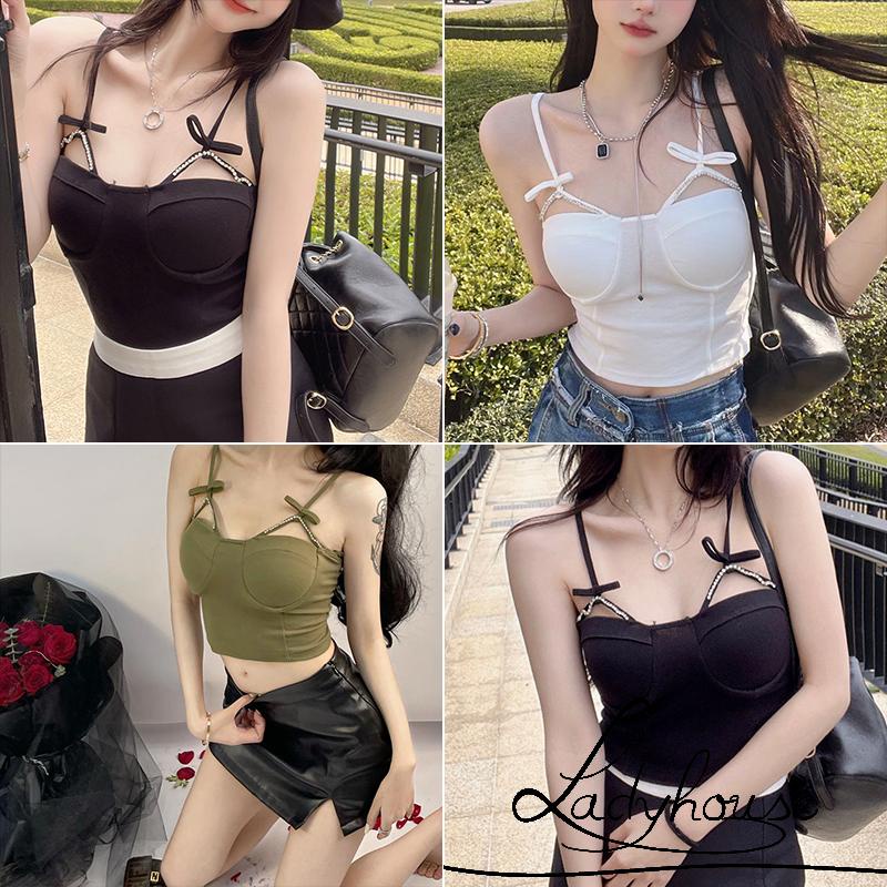 Áo Hai Dây Mini Hai Dây Màu Trơn Đính Nơ Đính Đá Thời Trang Mùa Hè Dành Cho Nữ