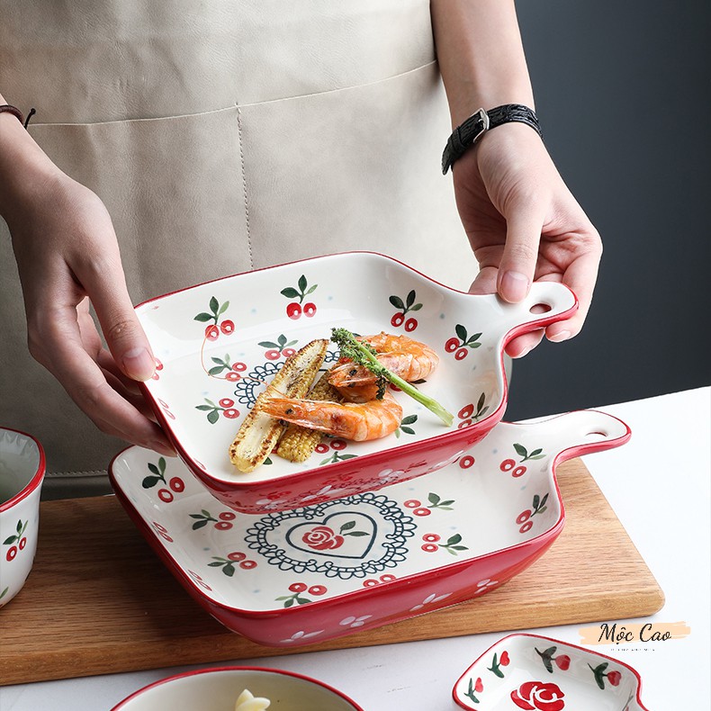 Đĩa nướng, khay nướng bằng sứ họa tiết cherry có tay cầm - đĩa decor phụ kiện bàn ăn sang trọng