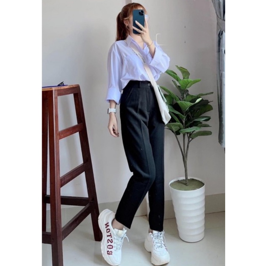 Quần tây baggy đi học nữ có đai lưng cao màu xanh đen dáng dài vải mềm trơn - Quần vải nữ công sở cạp ống đứng mặc sinh