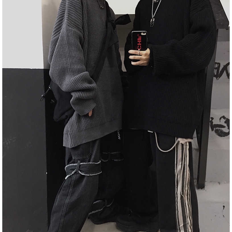 Áo len dệt kim cổ tròn dáng rộng màu trơn cho nam và nữ