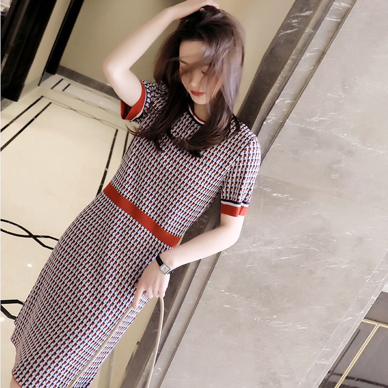 【blue.diamond】Ice Silk Knit Short-Sleeve Dress 2021 New Women's Clothing dresses