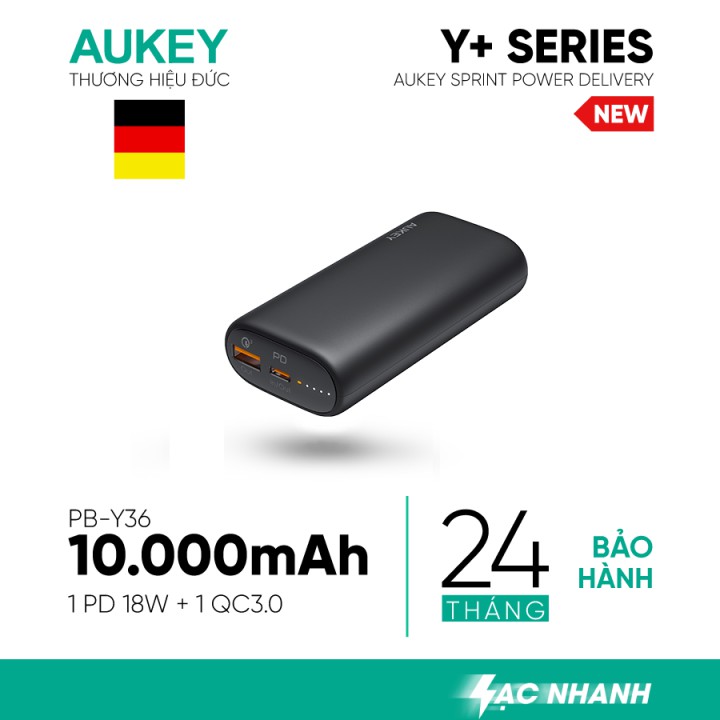 Pin Sạc Aukey PB-Y36 10.000 mAh, Lõi Tesla Bền X7 Lần, Sạc Nhanh 18W