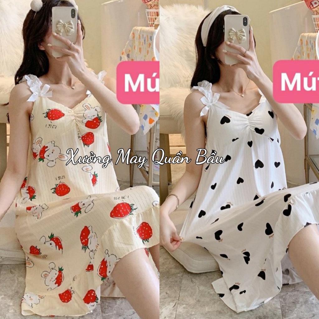 Đầm ngủ  2 dây quai ren đính nơ kèm đệm ngực - Váy ngủ xinh chất thun sữa mềm mát V292