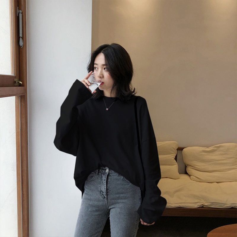 Áo thun trơn cổ tròn dài tay phong cách Hàn Quốc dành cho nữ