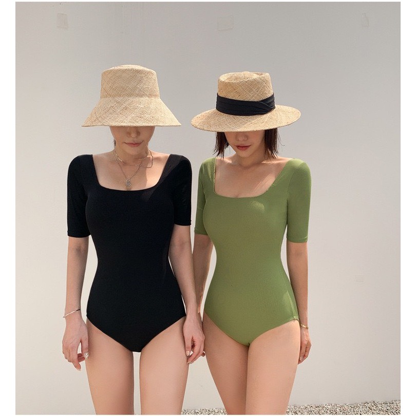 (Sẵn M,L,XL - QC cao cấp) Bikini đồ bơi nữ kín đáo áo tắm liền một mảnh cổ vuông tay lỡ hở lưng cực đẹp -2598