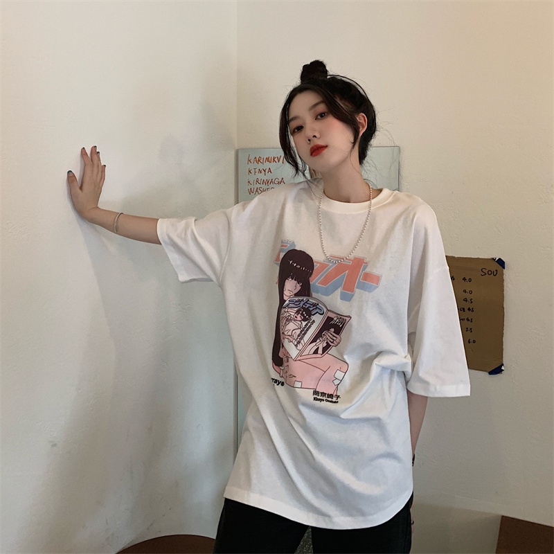 Xiaozhainv 2 colors summer loose wild comic print Harajuku style retro short-sleeved T-shirt fashion women's top