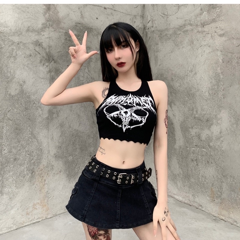 Áo Croptop 3 Lỗ Cổ U In Hình Chất Chơi Ngầu Lòi Phong Cách Gothic Punk - Chuly