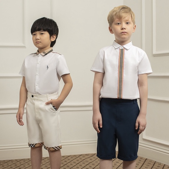 Áo sơ mi burberry 137Kids trắng cộc tay vải cotton thoáng mát cho bé trai