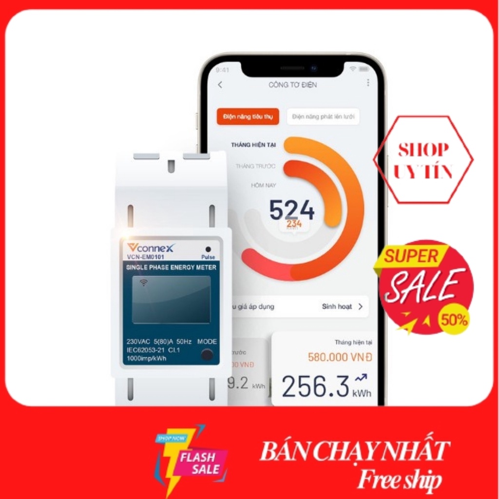 Công Tơ Điện Tử Wifi Thông Minh Vconnex 1 pha- Bộ Giám Sát Tiêu Thụ Điện Năng Chính Hãng