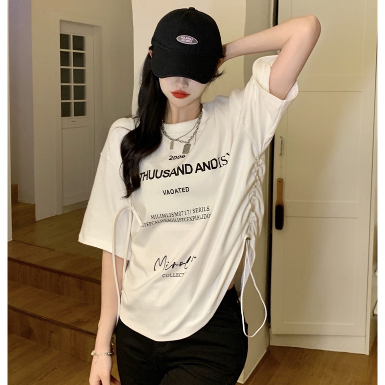 Áo Thun Tay Ngắn In Chữ Phối Dây Rút Thời Trang Cá Tính