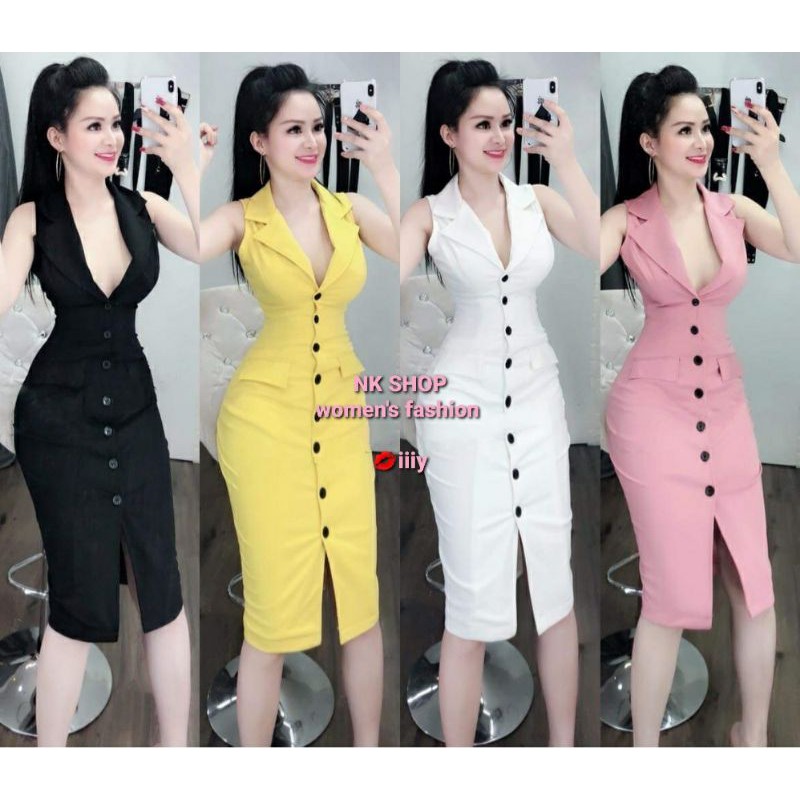 Đầm body cổ vest phối nút