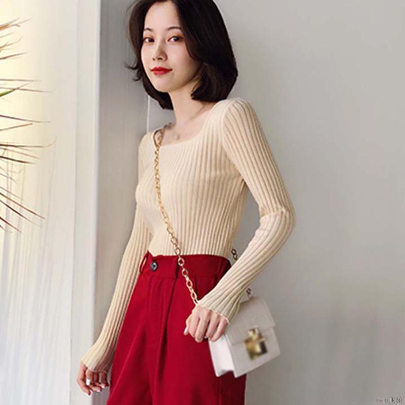 Áo dệt kim tay dài cổ vuông màu trơn kiểu dáng thời trang phong cách Hàn Quốc