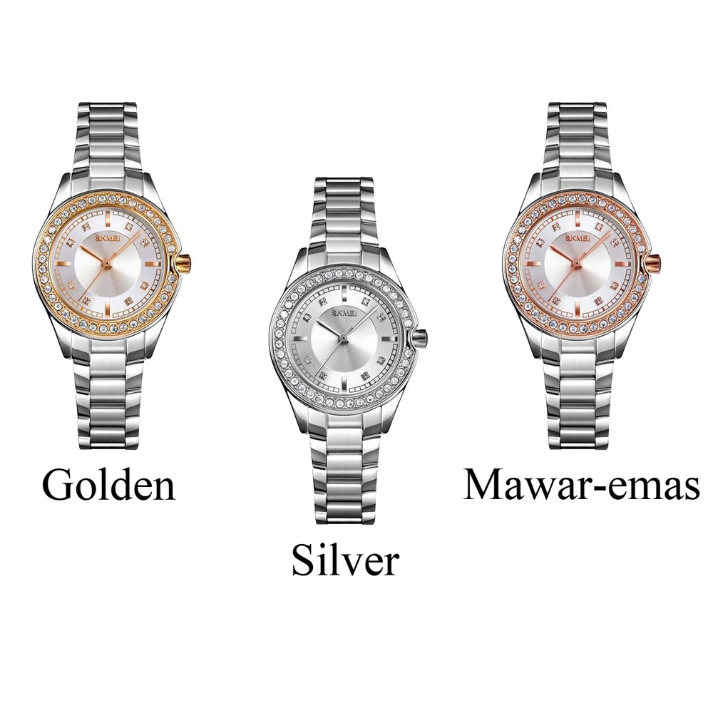Đồng Hồ Analog Máy Quartz Nữ Đính Hột Xoàn Dây Thép Không Gỉ Chống Thấm Nước SKMEI1534