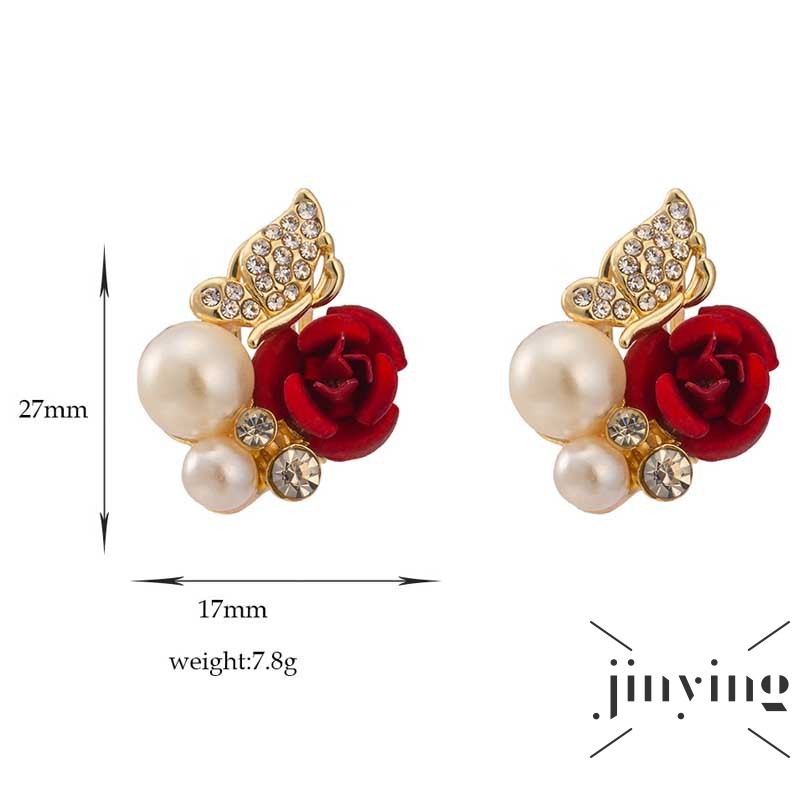GETNOIVAS Bông tai đính hoa hồng đỏ và ngọc trai thời trang mới dành cho nữ