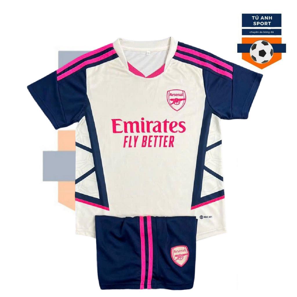 Áo đá banh CLB Arsenal, bộ quần áo đá bóng Arsenal trắng viền hồng mè thái đẹp mắt