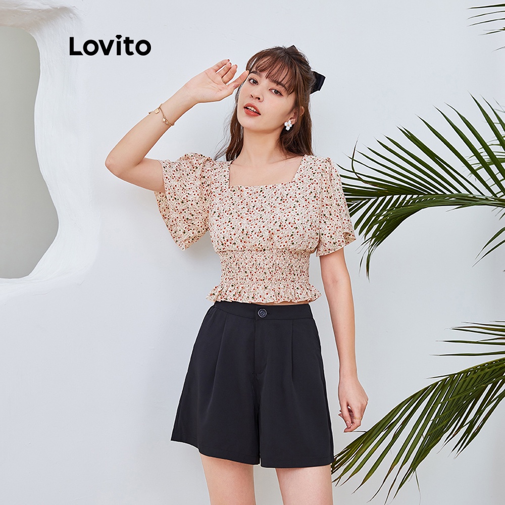 Áo kiểu Lovito tay ngắn dáng rộng cổ vuông kiểu đai chun in họa tiết hoa dễ thương L04078 (màu be)
